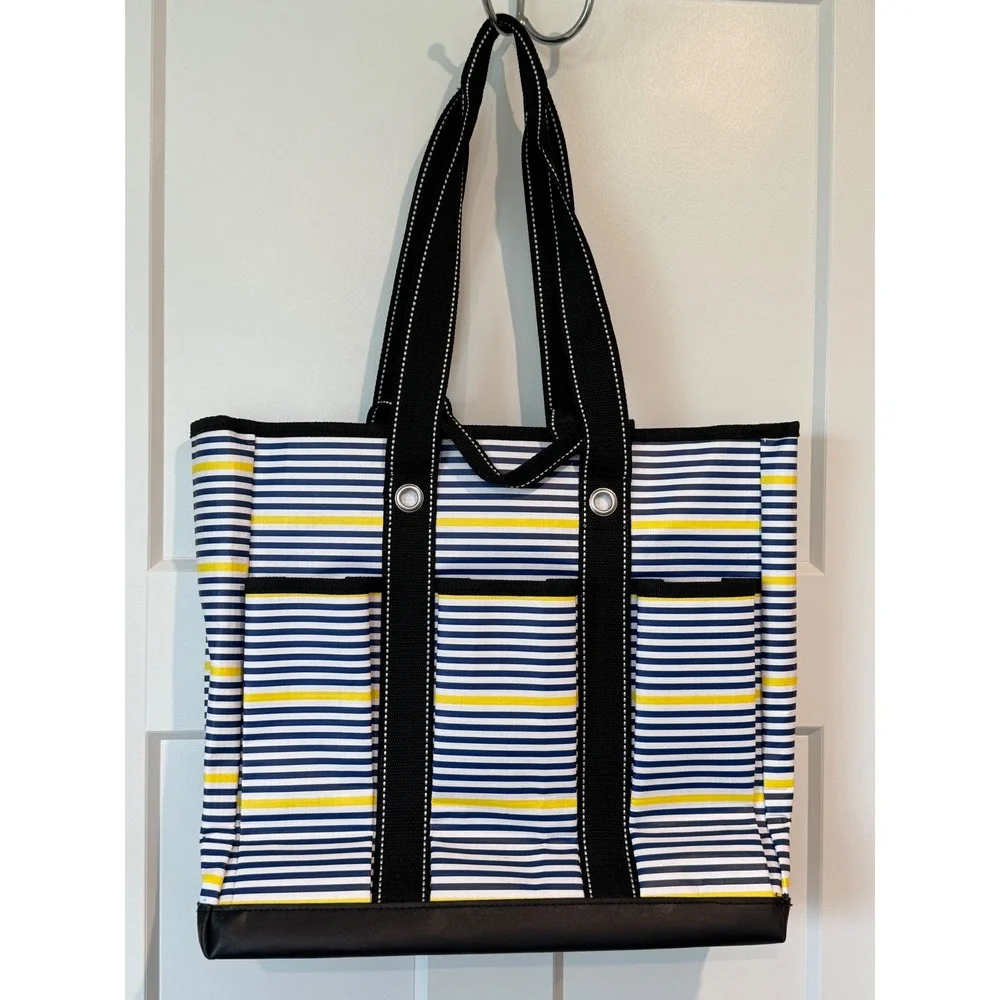 SCOUT BJ Bag Large Utility Tote Navy White Yellow Striped Multi Pocket Beach Bag
